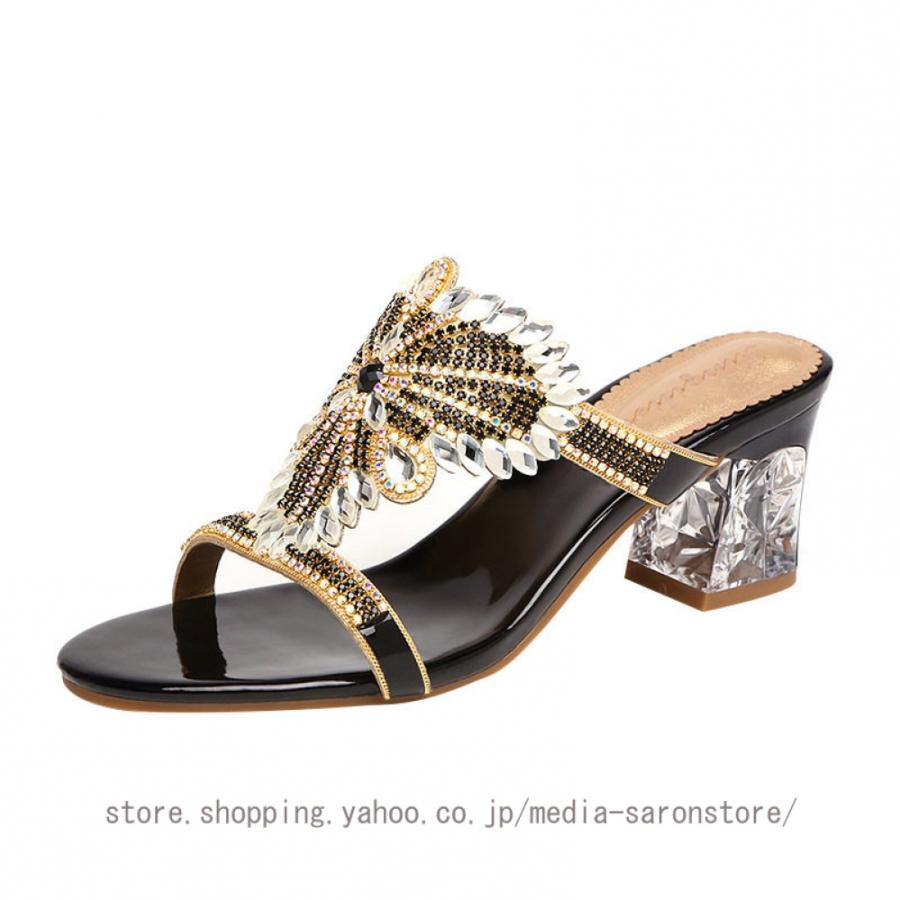 レディース サンダル クリアヒール 美脚 歩くやすい ミュール ビジュー