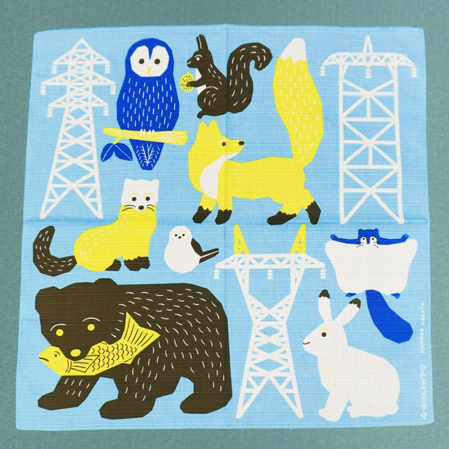 送電さんのおべんと包み 風呂敷 50cm 日本製 鉄塔 動物 北海道 お弁当 ブルー 綿100% | 