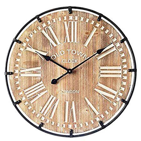 今年人気のブランド品や 大型工業用木と金属製壁掛け時計 キッチン 玄関 リビングルーム 旧市街 ノイズレス 静音 壁時計 農家 壁時計 ヴィンテージ木製壁掛け時計 24インチ 掛け時計、壁掛け時計