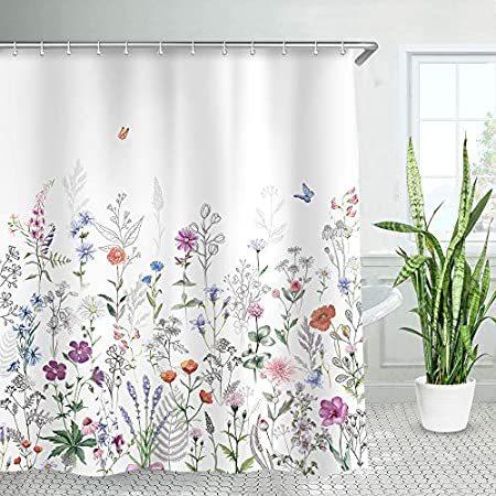 美品  LIVILAN Fabric Floral Butterfly Shower Curtain Set with 12 Hooks, Decorativ フック