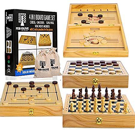 【超新作】 Large Extra - Set Game Board 1 in 4 Sling Sets Board Chess Wooden Game Puck ボードゲーム