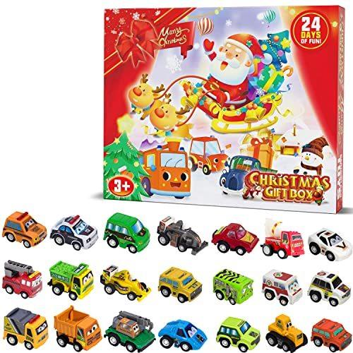 品質のいい クリスマスアドベントカレンダー 21 24日カウントダウン クリスマスカレンダー 24種類のプルバック車両 警察レーシングカー 建設車両 消防車 Heirloomedblog Com