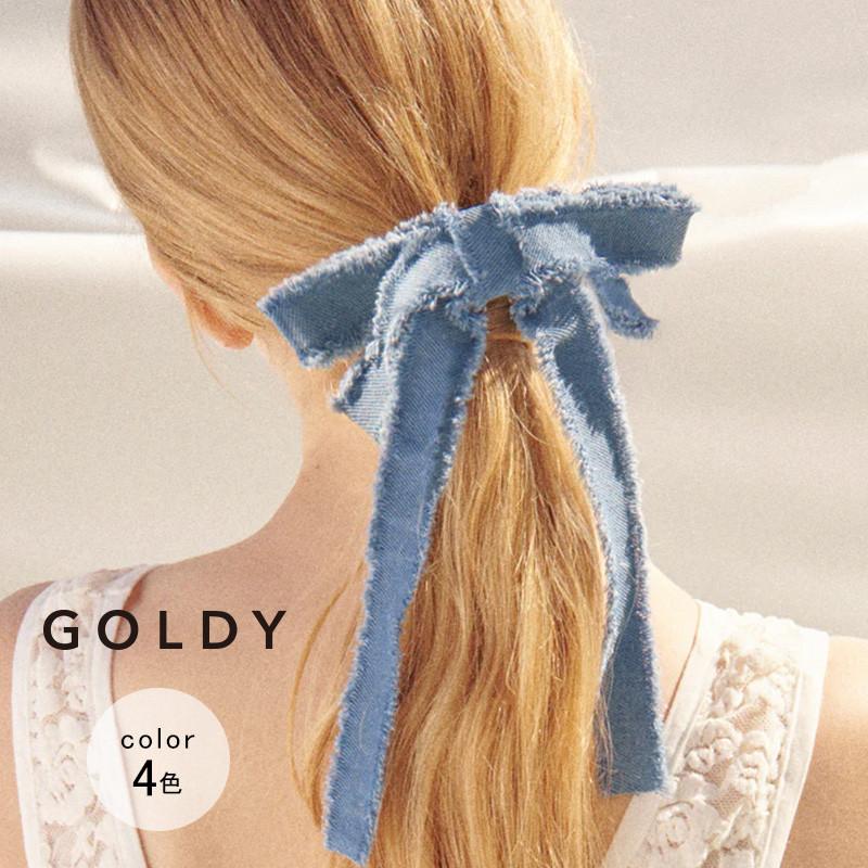 カット オフ デニム リボン ヘアカフ GOLDY ゴールディ 6250104 goldy ヘアアクセサリー レディース リボン ポニーフック ブルー インディゴ ブラック | GOLDY