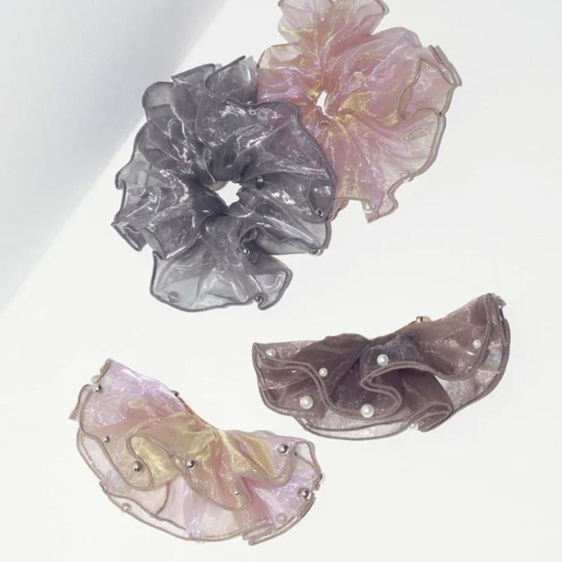 スフィアー シアー ビッグ シュシュ 2 GOLDY ゴールディ 6250950 goldy ヘアアクセサリー ヘアゴム リボン 大きい パープル ブラウン グレー パール メタル | GOLDY | 17