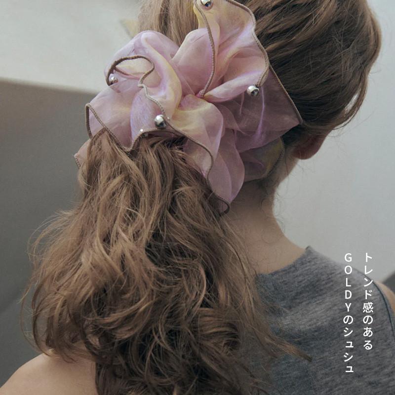 スフィアー シアー ビッグ シュシュ 2 GOLDY ゴールディ 6250950 goldy ヘアアクセサリー ヘアゴム リボン 大きい パープル ブラウン グレー パール メタル | GOLDY | 07