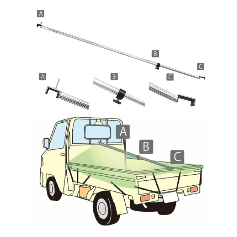 軽トラックシート スロープ型 伸縮式荷台ポールセット グレー 標準荷台軽トラック用 コードゴム4ｍ×2本付き エステル帆布 荷台シート｜mega-ow｜02