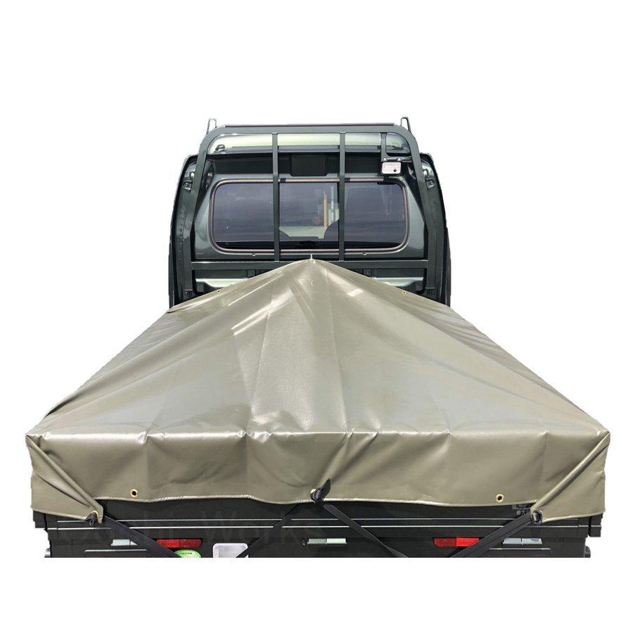 トラックシート スーパーキャリイ用シート 伸縮式荷台ポールセット スロープ型 OD 国防色 コードゴム4ｍ×2本付き エステル帆布トラックシート 荷台シート |  | 05