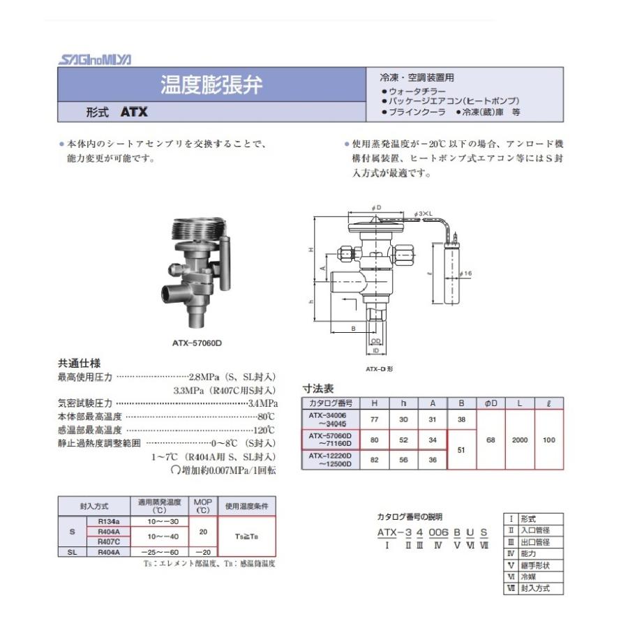 サギノミヤ 温度膨張弁 ATX-57060DUS ロー付 R404A 冷凍・空調装置用