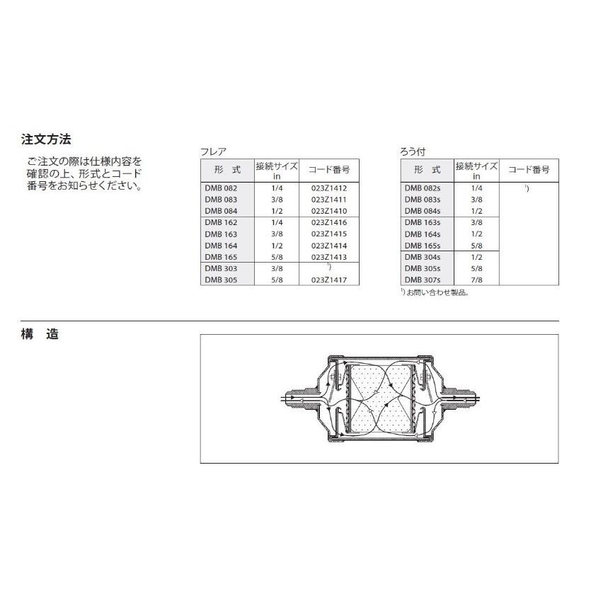 DMB-083 3/8 フレア 内容量0.17リットル Danfoss フィルタドライヤ(双方向形) 両方向 |  | 03
