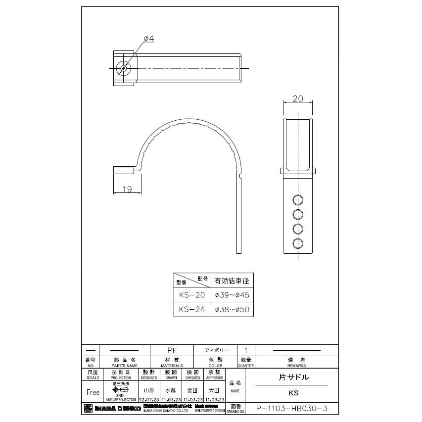 因幡電工 片サドル(空調冷媒配管用) KS-20-I 10個入 : 冷凍空調