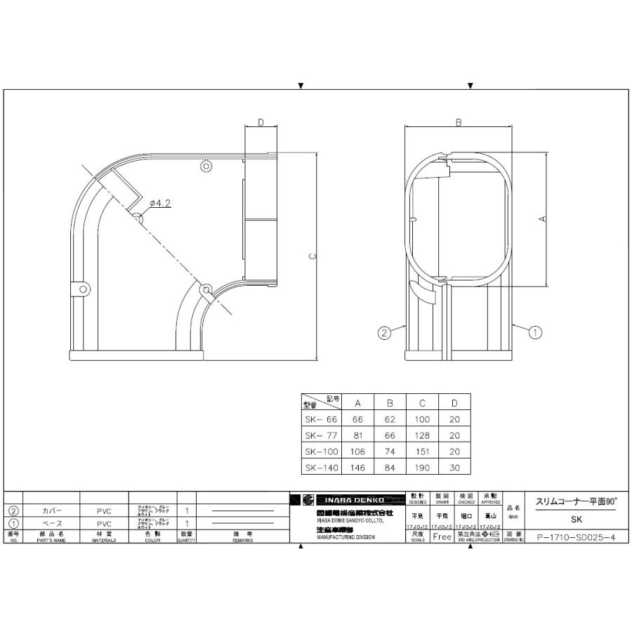因幡電工 スリムダクトSD スリムコーナー平面90° SK-77 : 冷凍空調