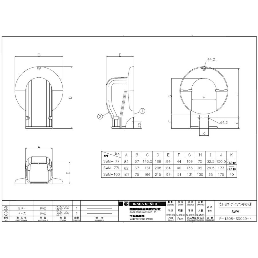 因幡電工 スリムダクトSD ウォールコーナー エアコンキャップ用 SWM