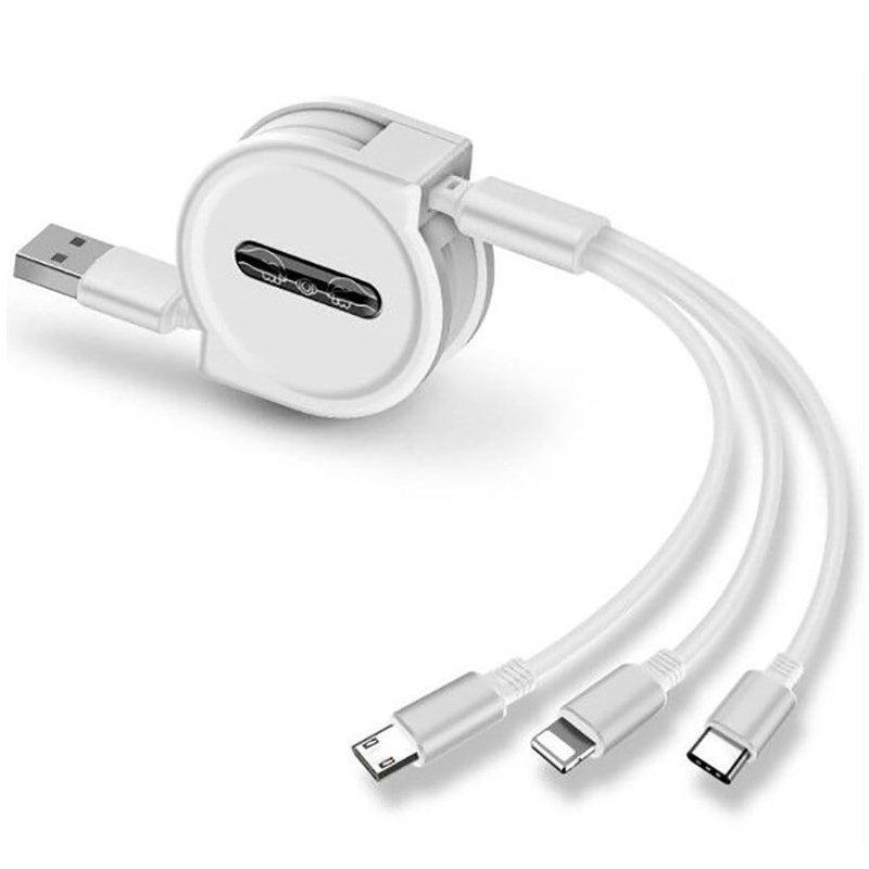 急速充電 3in1 充電ケーブル USB両面挿入 巻き取り iPhone 充電 ケーブル USB Typec 巻取り 一本三役3A コンパクト リール式 リールコード 2007I031B