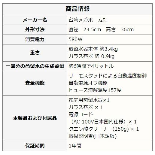 蒸留水器  台湾メガホーム社製 スチールボディ白+ガラス容器 （新モデル） マグネット式電源ケーブル MH943TWS-10M-G 純水 精製水 白湯 BR-JAPAN 正規代理店｜megahome1｜04