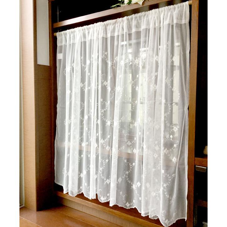 カフェカーテン おしゃれ レース 丈 90cm 幅 150cm チュール 薔薇 刺繍