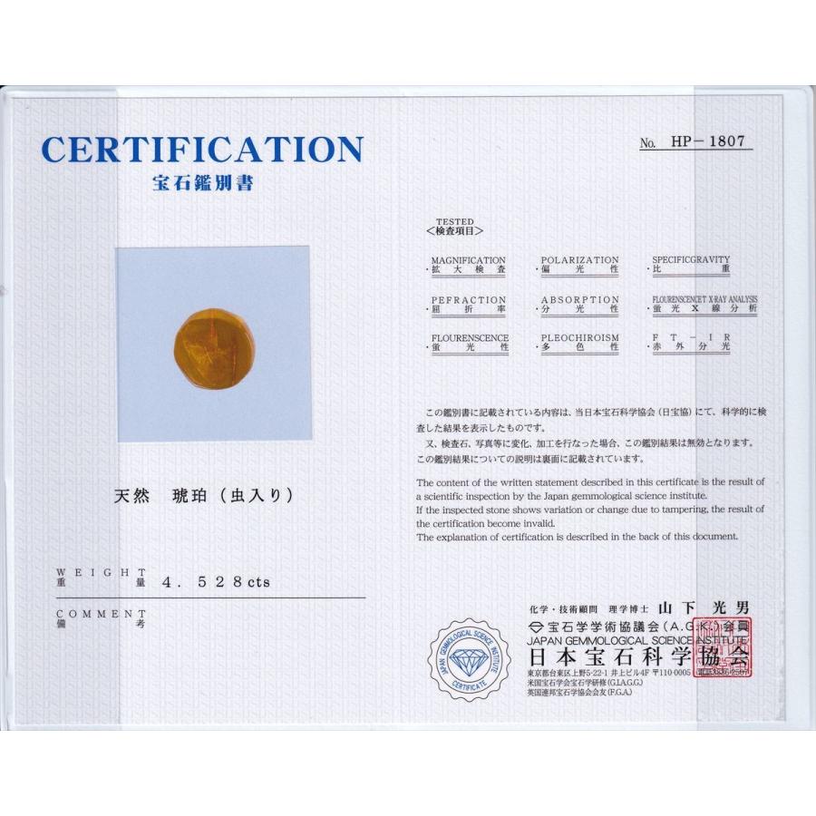 GALLERY megumi 鑑別書付き 天然 虫入り 琥珀 ルース 4.528ct こはく