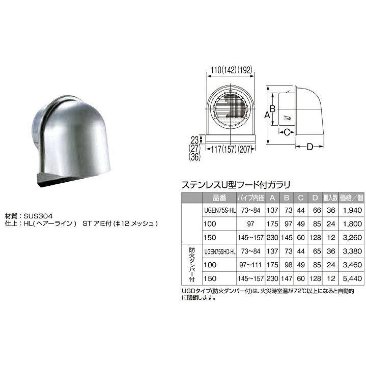 ステンレスU型フード付ガラリ UGEN100S HL サイズ A175ｘB97ｘC49ｘD85　入数24個