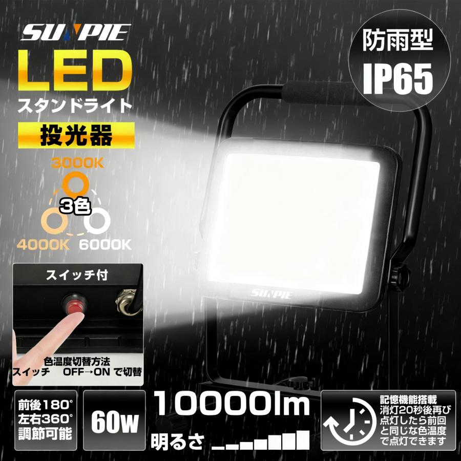 LED投光器 作業灯 ledワークライト 60W 10000LM H型スタンド付 三面
