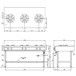 コメットカトウ　ガスレンジ　XYSシリーズ　XYS-15753T　D=750　テーブルタイプ　1500×750×800　ＬＰＧ(プロパンガス)