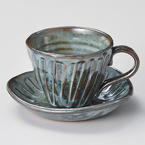 テ608-158 黒均窯十草コーヒー碗皿