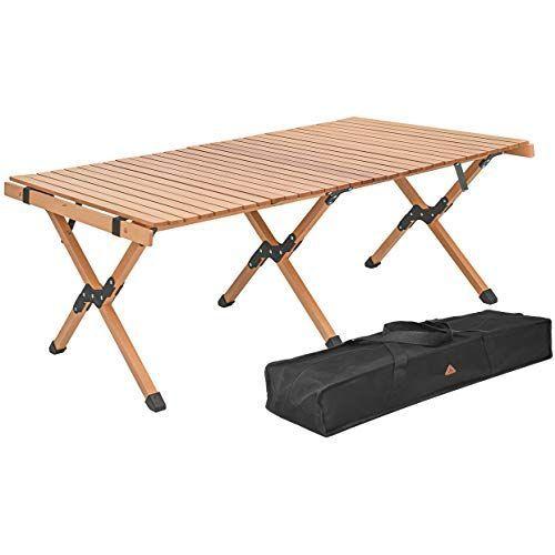 Anlik?ロールトップテーブル 天然木 簡単組立 オシャレ キャンプ 収納バッグ付 (120cmX70cmX45cm)
