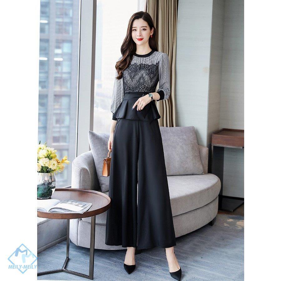 ブランド品専門の セットアップ パンツスーツ ガウチョパンツ ワイドパンツ 春秋 カジュアル 大人 通勤 オフィス フレア裾 レース 切り替え 着痩せ 長袖 おしゃれ パンツスーツ サイズ S Michiganestateplanning Com