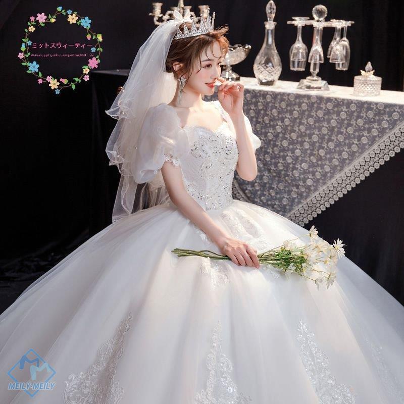 ウエディングドレス 結婚式 花嫁 9XL 大きいサイズ 二次会 プリンセスライン ホワイト パフスリーブ ウェディングドレス ロングドレス 白 披露宴 安い 編み上げ|meily-meily|02