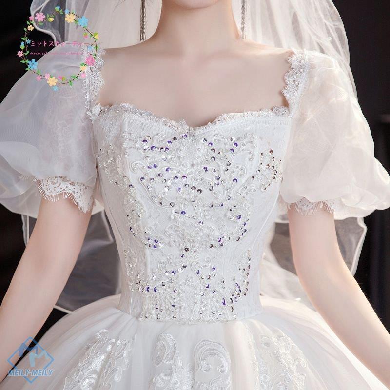 ウエディングドレス 結婚式 花嫁 9XL 大きいサイズ 二次会 プリンセスライン ホワイト パフスリーブ ウェディングドレス ロングドレス 白 披露宴 安い 編み上げ|meily-meily|03