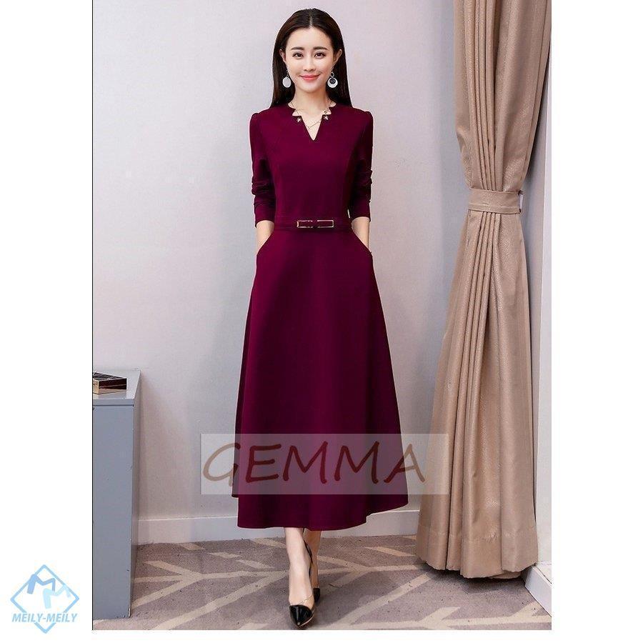 正規品販売 ワンピース レディース 秋 マキシ丈ワンピース きれいめ ワンピース ドレス 長袖 ベルト付き ｖネック 大きいサイズ Aラインワンピ 通勤 オシャレ 着痩せ 4色 ワンピース カラー パープル Acte Paris Org