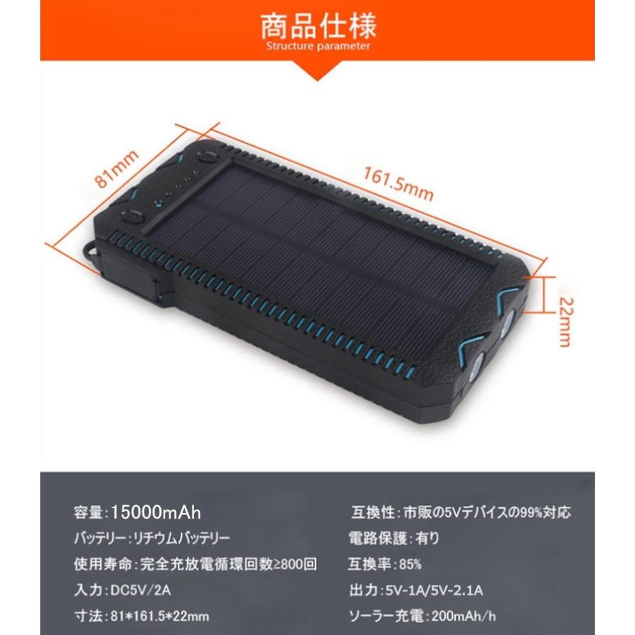 モバイルバッテリー 15000mAh 大容量 ソーラー太陽光充電 パワーバンク ソーラー充電器 スマホ アウトドア シガーライター機能 防塵 防水 耐衝撃 iPhone Android｜meiseishop｜18
