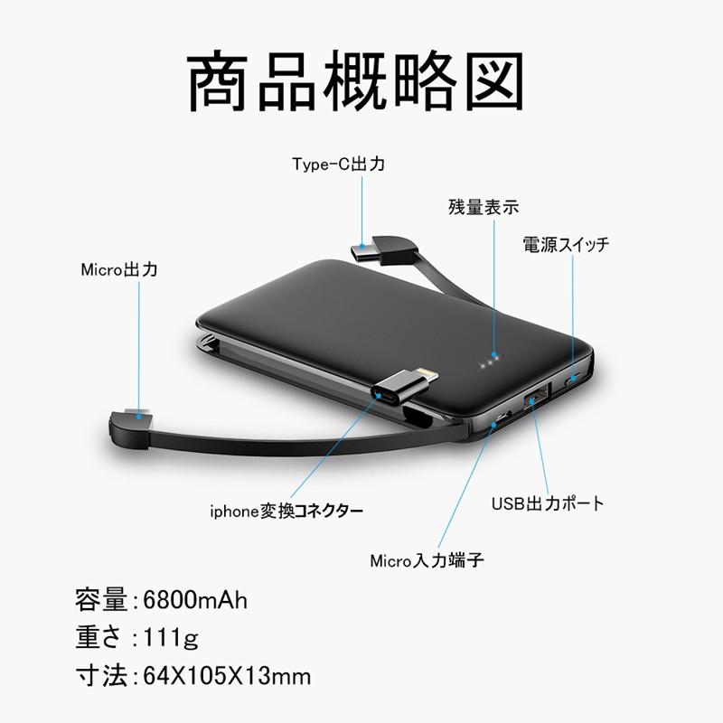 6800mAh モバイルバッテリー 超軽量 ケーブル内蔵 ミニ型 超薄型 3台同時急速充電 各機種対応 携帯充電器 コンパクト スマホ充電器 PSE認証【PL保険】｜meiseishop｜12