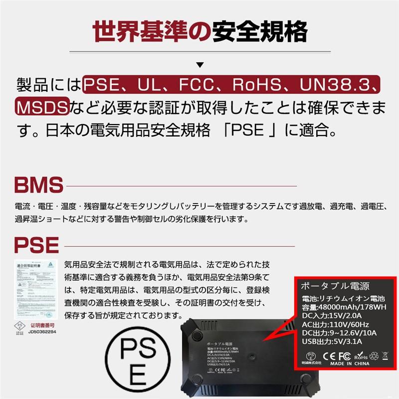 ポータブル電源 大容量48000mAh/178Wh 家庭用蓄電池 非常用電源 PSE認証済 純正弦波 AC/DC/USB出力 3つの充電方法 電量表示 ソーラー充電 品質保証｜meiseishop｜15