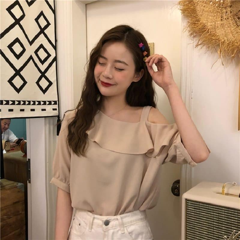 高校生 中学生 ファッション 10代 代 ワンショルダー 肩出し 5分袖 フリル シフォン ブラウス トップス レディース 韓国 オルチャン 46 46 メイシンファッションヤフー店 通販 Yahoo ショッピング