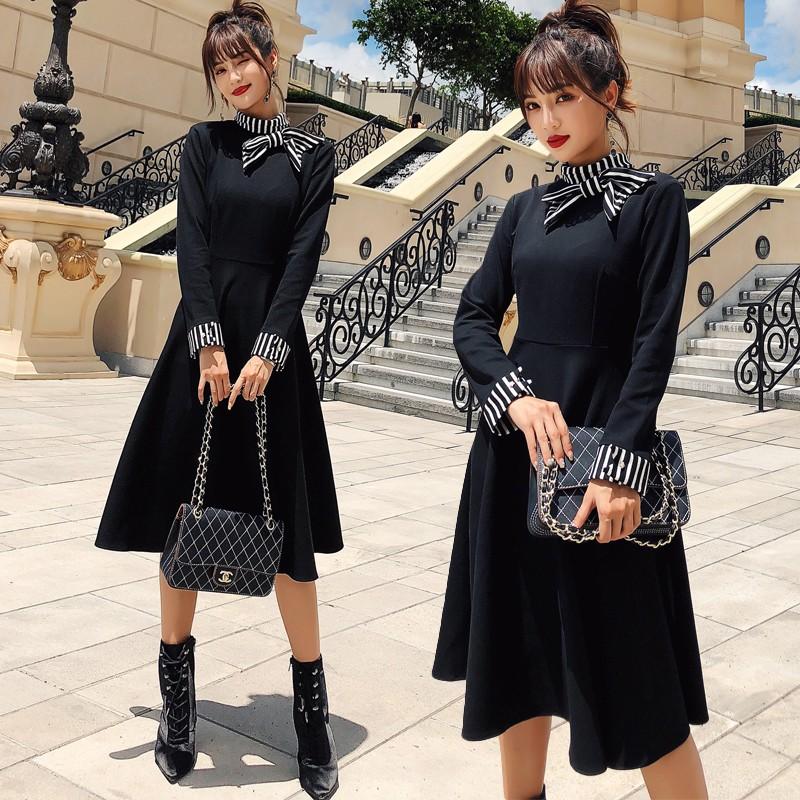 ワンピース アクセントリボン ストライプ柄 黒フレアーワンピース 554 カラードレス サイズ Xl