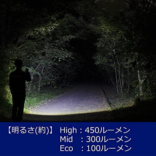 GENTOSジェントス LED 懐中電灯 USB充電式 明るさ450ルーメン/実用点灯10時間/耐塵/防滴 専用充電池使用 閃シリーズ FLP-2307｜meko-store｜03