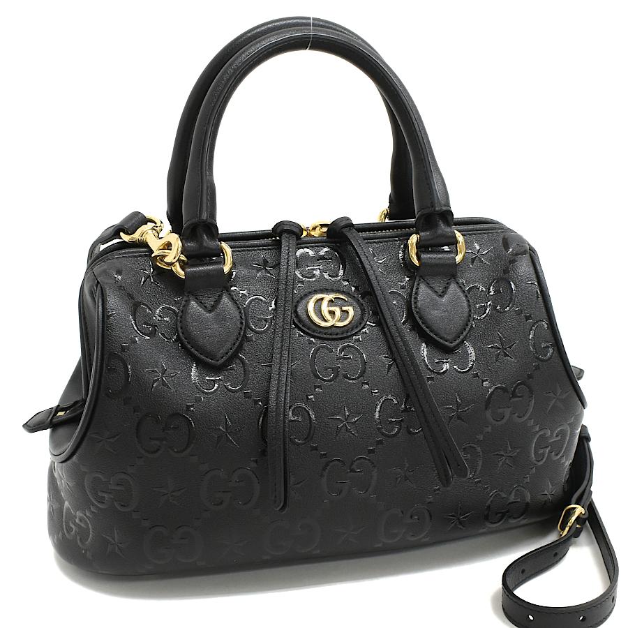GUCCI ダブルG レザー ハンドバッグ ブラック　時間限定SALE！！ ダブルG 新品同様 グッチ ミディアム 2way ハンドバッグ 675773 GG