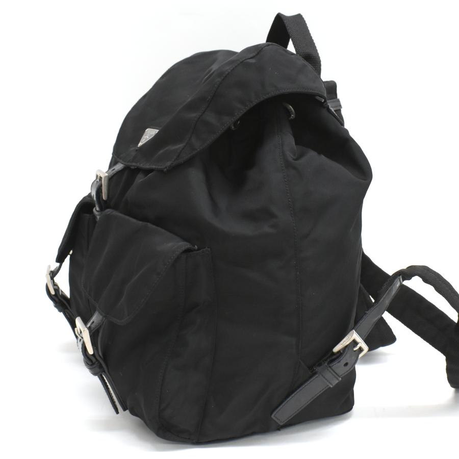 【美品】プラダ リュックサック ナイロン ブラック 3角ロゴプレート レザー 黒 PRADA（プラダ） バックパック リュックサック ナイロン レザー