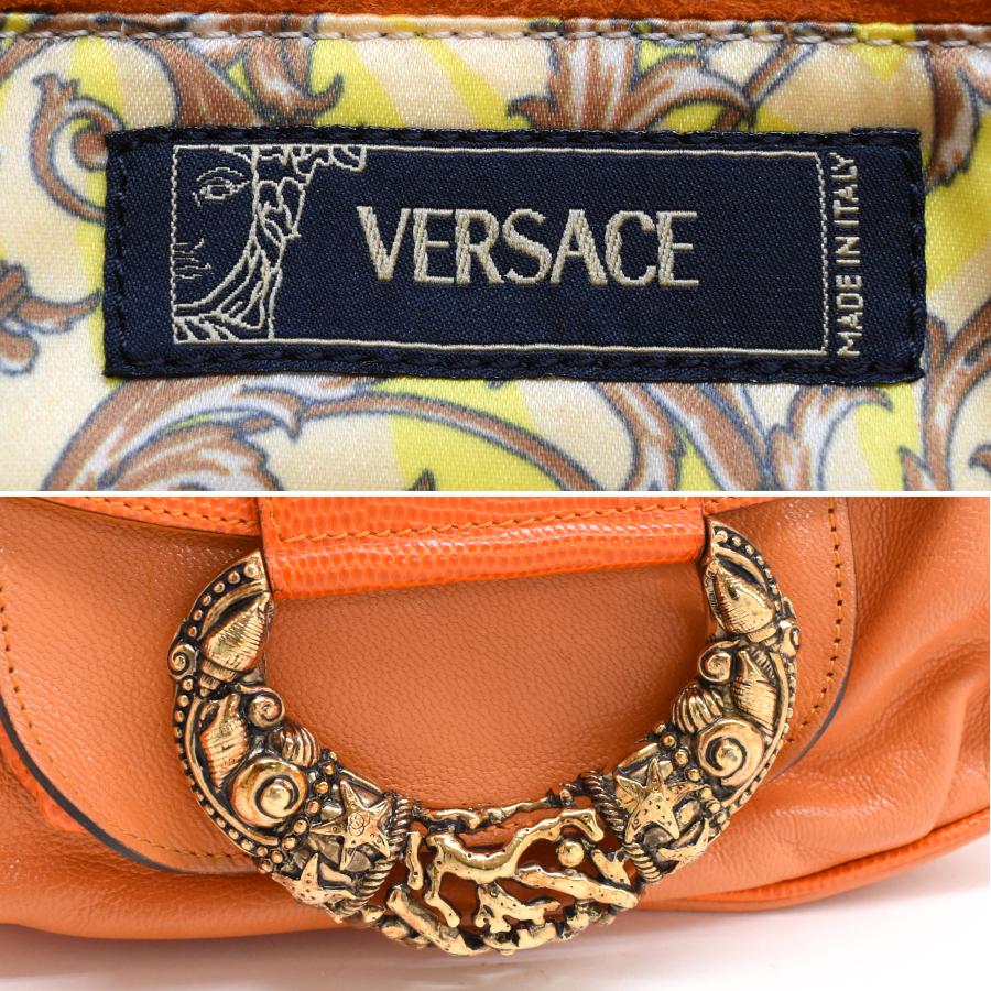 ヴェルサーチ　ハンドバッグ 型押し レザー クロコ　サンバースト　金チェーン ヴェルサーチハンドバッグ 型押し レザー クロコサンバースト金