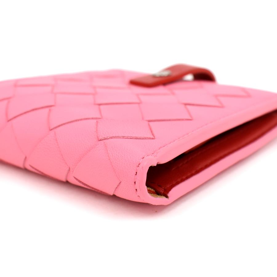 未使用品 ボッテガヴェネタ 二つ折り財布 イントレチャート レザー ピンク レッド バイカラー BOTTEGA VENETA
