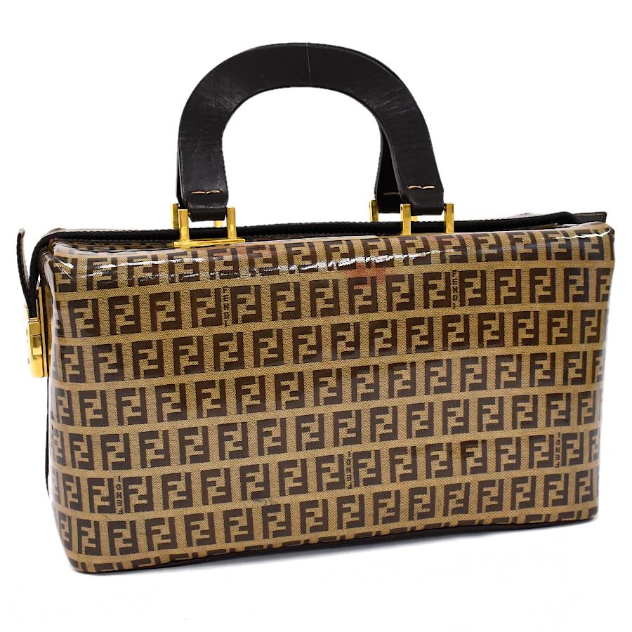 フェンディハンドバッグズッキーノFFロゴ金具キャンバスレザー焦茶