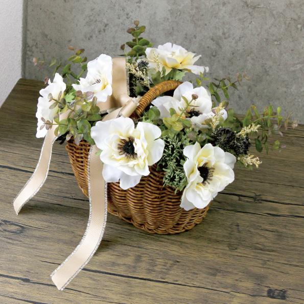 【美品】アーティシャルフラワー バスケットブーケ＆ブートニア＆ヘアパーツセット 造花 バスケットアレンジ 〜オフホワイト〜 インテリア フラワー