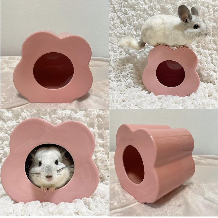リボン柄　赤色　花型のチラ壺　陶器　小動物ハウス、国内製（岐阜）、チラツボ チラツボ、チラ壺、陶器製、花型、国産、小動物ハウス : meliaroko