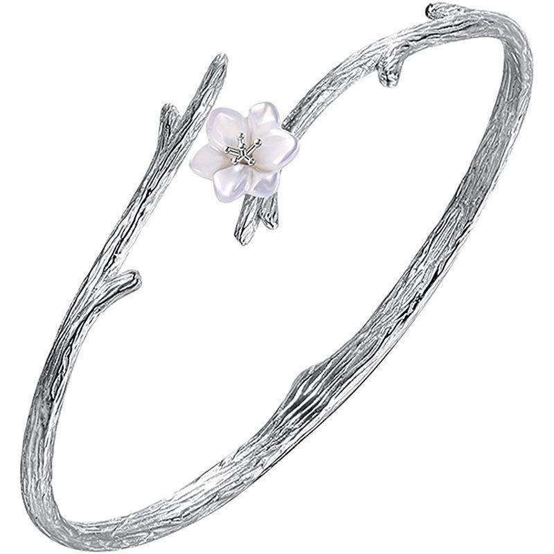 Jewboo 925純銀独創桜開口バングル 腕輪 調節でき 貝殻彫刻花