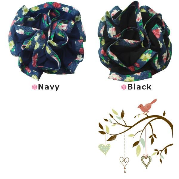 シュシュ　お花colorネイビー シュシュ フラワープリントのパイピング付きシュシュ 花柄 ピンク