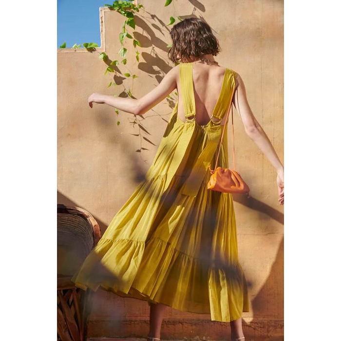 Estella.K エステラケー のワイドドロストネックティアードドレス Endless Summer Maxi Dress -Lime  Yellow-COLOR : Lime Yellow/BLK/P.PNK