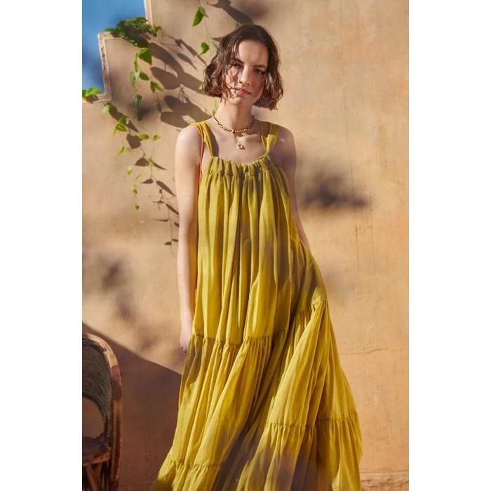 Estella.K エステラケー のワイドドロストネックティアードドレス Endless Summer Maxi Dress -Lime  Yellow-COLOR : Lime Yellow/BLK/P.PNK