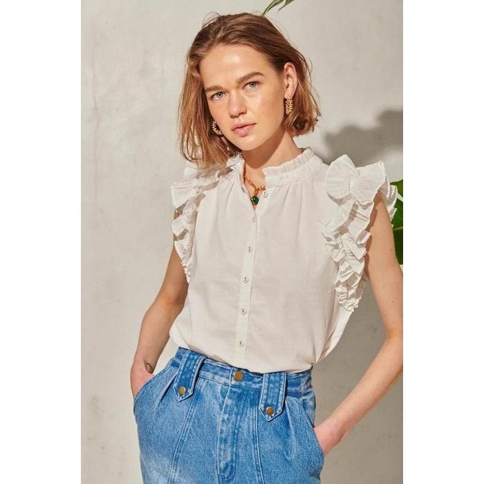 Estella.K エステラケー のラッフルスタンドショルダーBL Rosette Blouse -WHT-COLOR : WHT/BRW/Light PUR