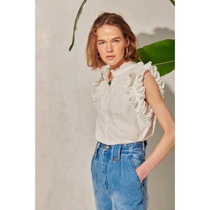 Estella.K エステラケー のラッフルスタンドショルダーBL Rosette Blouse -WHT-COLOR : WHT/BRW/Light PUR 