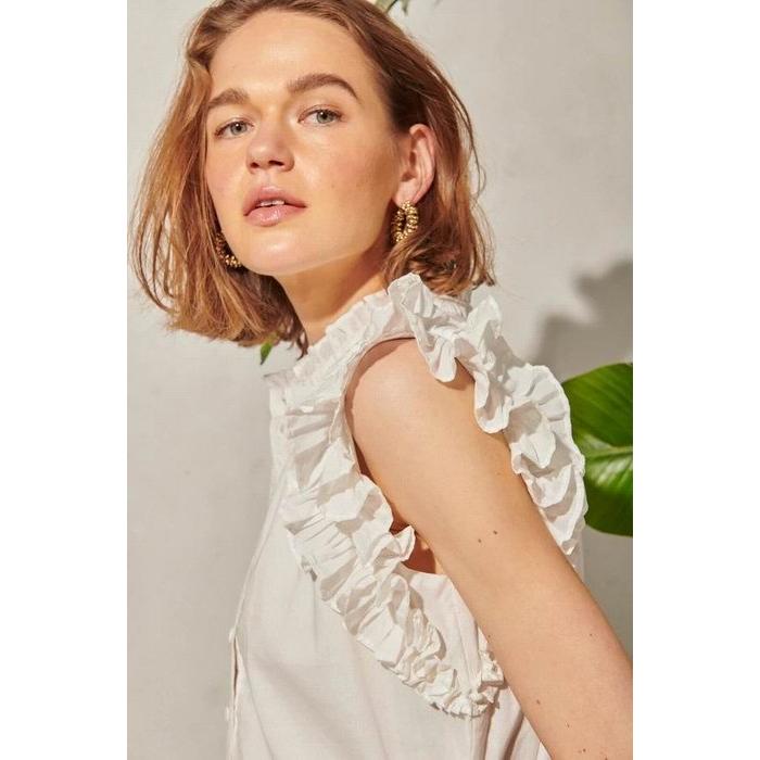 Estella.K エステラケー のラッフルスタンドショルダーBL Rosette Blouse -WHT-COLOR : WHT/BRW/Light PUR 