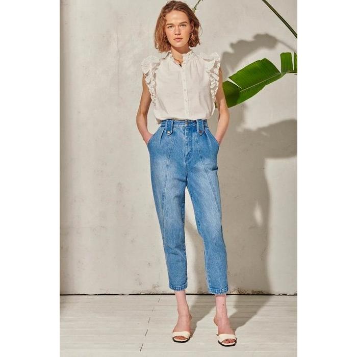 Estella.K エステラケー のラッフルスタンドショルダーBL Rosette Blouse -WHT-COLOR : WHT/BRW/Light PUR 